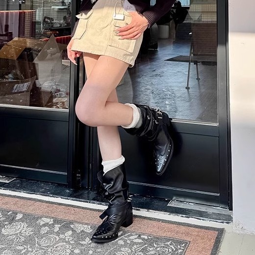 复古刺绣尖头西部牛仔靴女2025春夏新款粗跟百搭骑士靴套筒长筒靴|undefined
