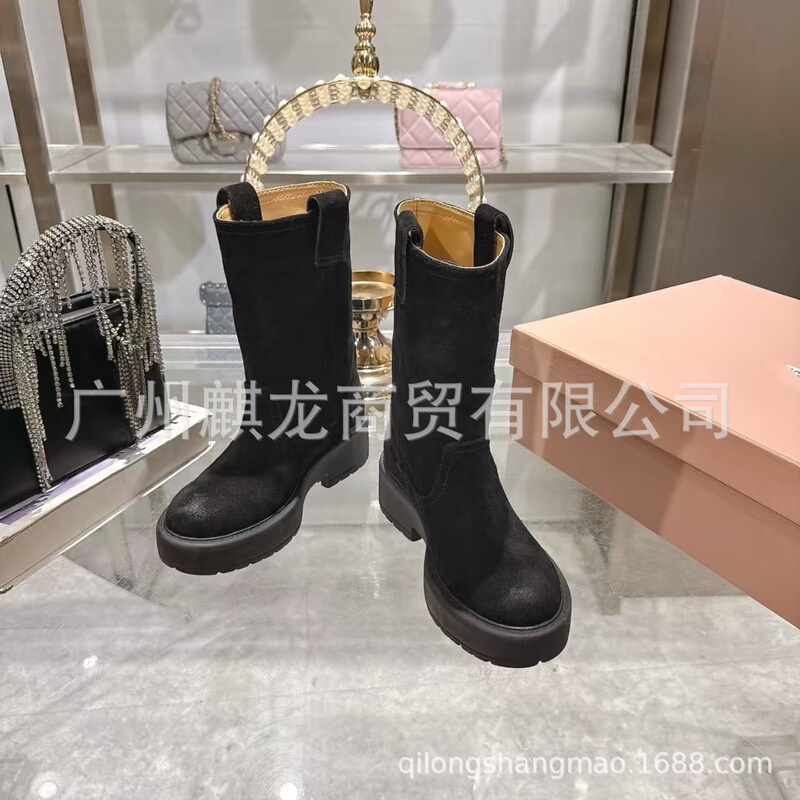 2025秋冬季新款麂皮圆头厚底做旧擦色复古骑士靴低跟中筒靴单靴女|undefined