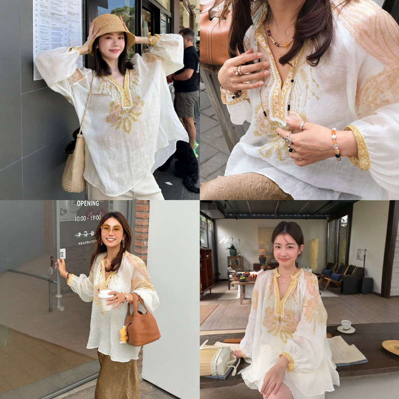 Vacation Diary 2026 Summer New Collection Summer Limited Edition Ramie Printed Lace Shirt Top Vacation Diary 2026 Summer New Collection Summer Limited Edition Ramie Printed Lace Shirt Top