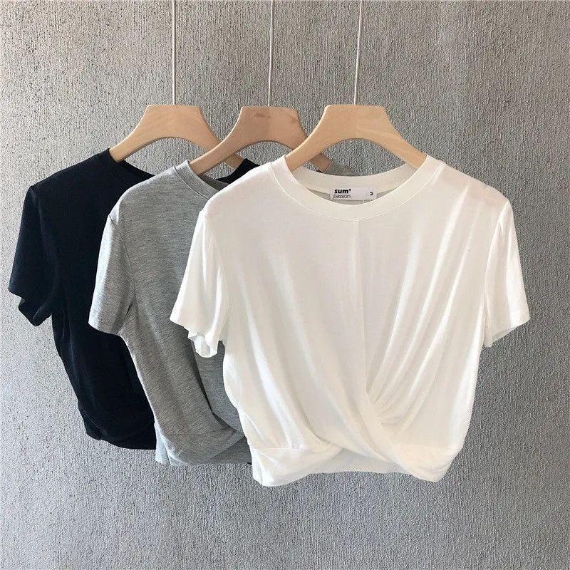 Summer Korean Style New Knot Short Loose Sports Casual T-shirt Women's Fitness Short Sleeve Navel Slimming Top Trendy Summer Korean Style New Knot Short Loose Sports Casual T-shirt Women's Fitness Short Sleeve Navel Slimming Top Trendy