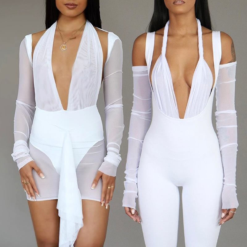 stitching long-sleeved hanging neck deep v high waist solid color mesh jumpsuit NSWWW133881