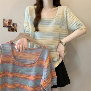 plus size Summer Fat Sister Gradient Colorblock Square Collar Fat Sweater chubby girl Short-sleeved Top
