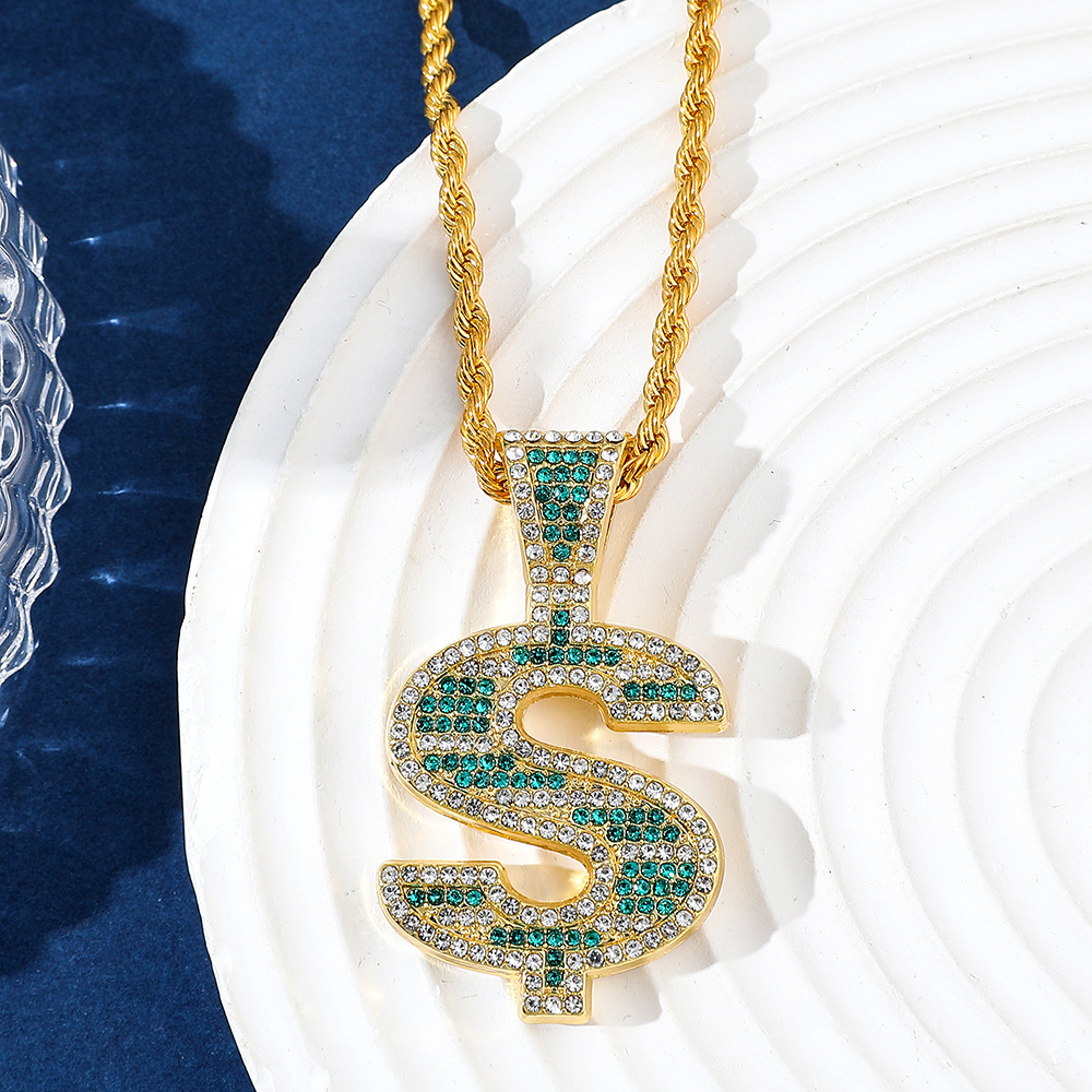 Hot selling US dollar necklace hip hop personality trend necklace, diamond studded US dollar rotating pendant necklace_voghion.com