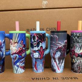 跨境超凡蜘蛛侠保温杯304不锈钢吸管杯带手柄大容量汽车杯冰霸杯