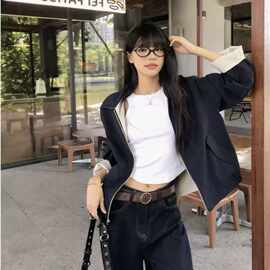 美式复古双面穿短款cleanfit夹克女春秋季新款休闲翻领条纹外套女