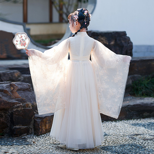 Girls  white champagne hanfu Chinese Princess dress hanfu fairy dress costume outfit Ru skirt girl super hanfu dust antique wide sleeve skirt