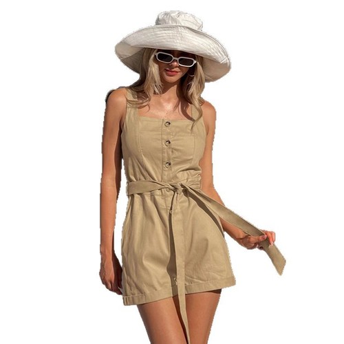 Cross-border European and American summer new style strap waist belt short one-piece dress fashion solid color commuting women's clothing can be wholesale 