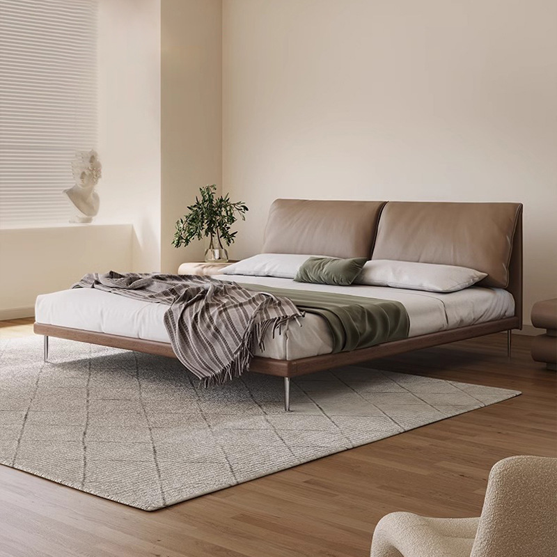 Cama de cuero de orejas de elefante, cama principal italiana minimalista, cama de madera maciza retro, cama de envoltura blanda moderna y simple, cama de borde alto