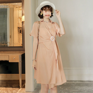Western-Style Maternity Dress Summer New Fashion Elegant V Neck Lapel Short-Sleeved Maternity Dress Cute Korean Style Apricot