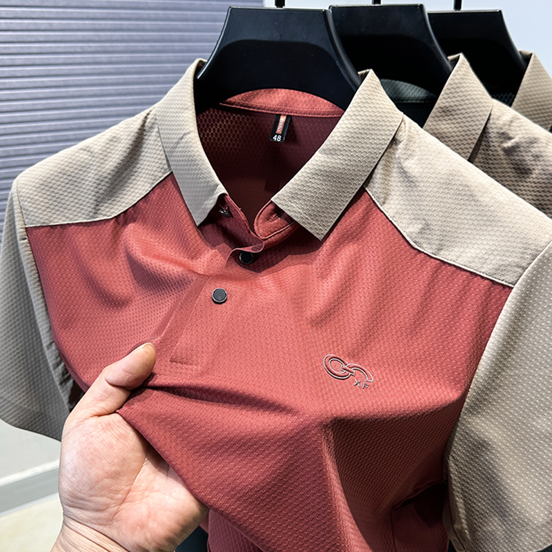 High-End Ice Silk Brand Polo Shirt Men's Short-Sleeved Summer Men's Color-Blocked Waffle Mesh T-Shirt Half-Sleeved Slit Top