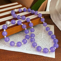 手作 緬甸翡翠紫羅蘭色優化石英岩玉項鍊手鍊套裝 磁鐵滿鑽球扣