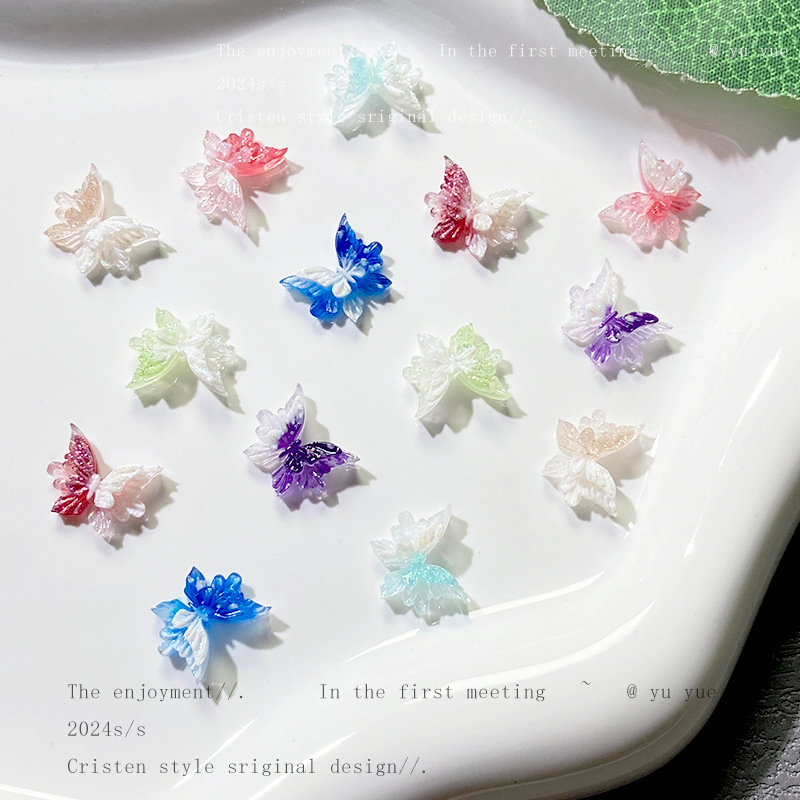 Ins Style Two-Color Fine Glitter Double-Layer Butterfly Nail Art Jewelry Luminous Stereo DIY Nail Accessories Butterfly Accessories Wholesale