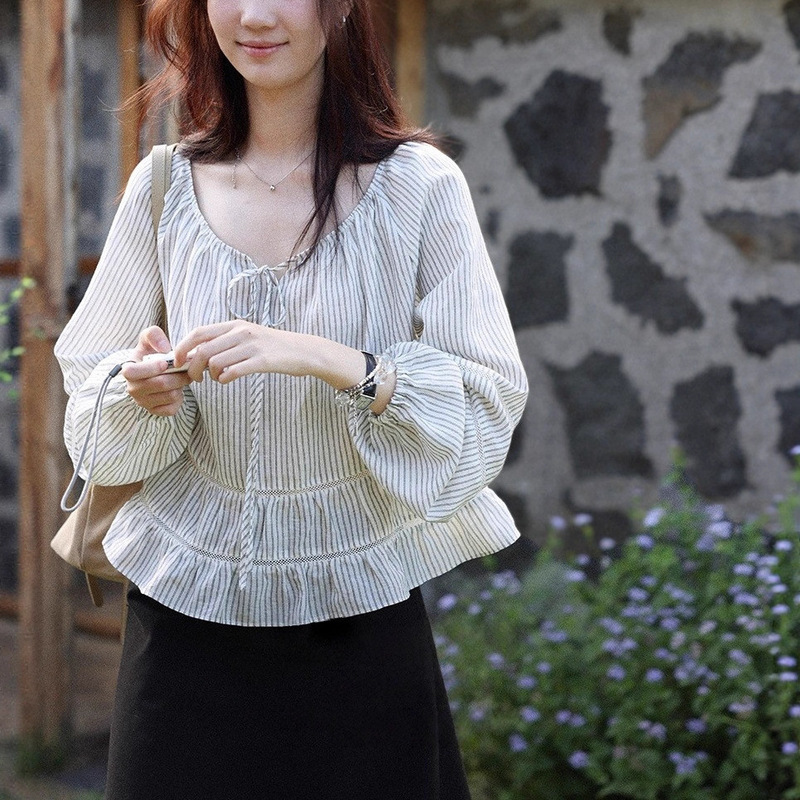 Lalaglom Days of Chasing the Wind French Style Lace Striped Shirt Women's Autumn Loose Slim Baby Doll Shirt