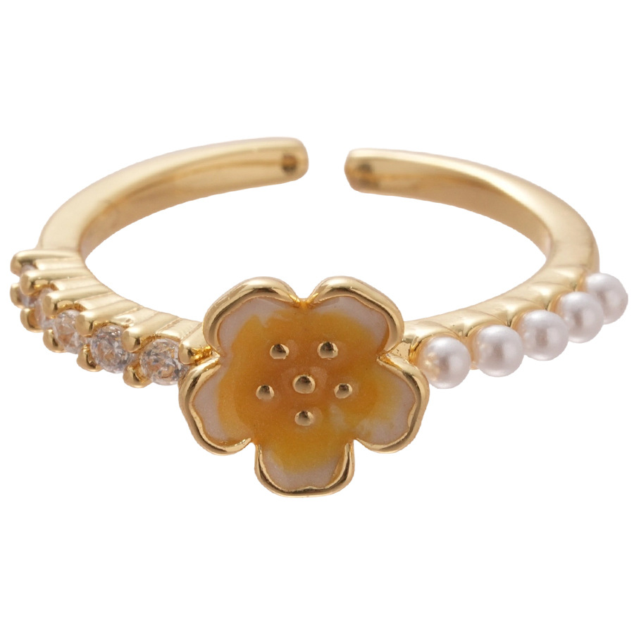 Bague pour femme, plaquée or véritable, ornée d'une goutte d'huile et d'un zircon en forme de fleur, style palais ouvert, pour l'index. Un bijou léger, luxueux et raffiné._voghion.com