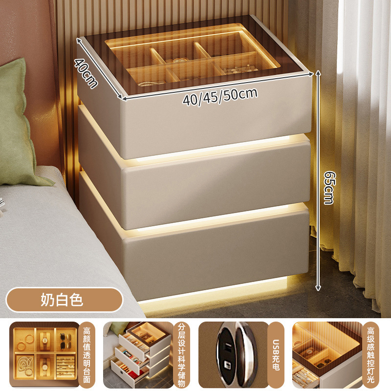 2024 nueva mesita de noche, lujo ligero, vidrio de alta gama con luz, dormitorio principal, precio alto, armario de almacenamiento rojo de Internet