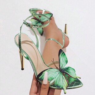 Factory Wholesale Cross-Border European and American Women's Three-Dimensional Butterfly Decoration Electroplated Stiletto Sandals Green High Heels