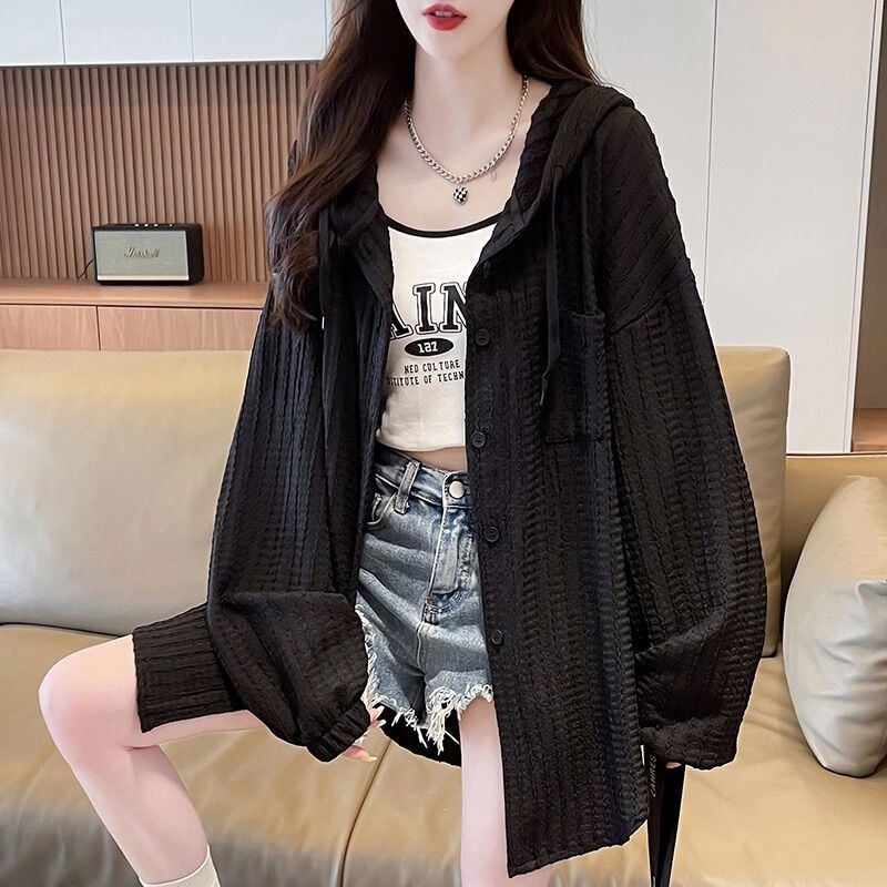 Thin Jacquard Sun Protection Shirt for Women, Long-Sleeved Shirt, Plus-Size Jacket for Fat Girls, Hooded Slimming Cardigan, Elegant Top