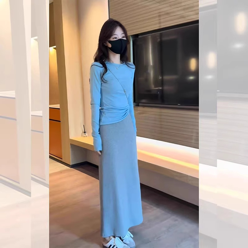 韩系蓝色针织长袖上衣女2025年早秋穿搭小个子修身显瘦内搭打底衫|undefined
