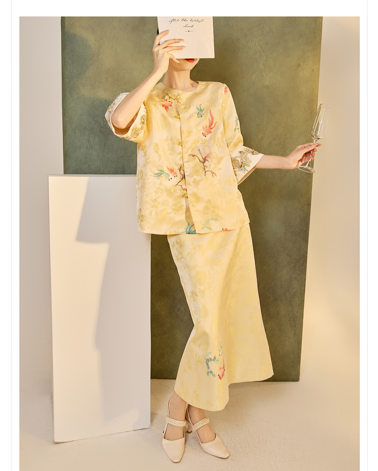 Bộ áo váy satin thêu jacquard cổ tròn phong cách Trung Hoa N6026 — áo, váy chi tiết 13