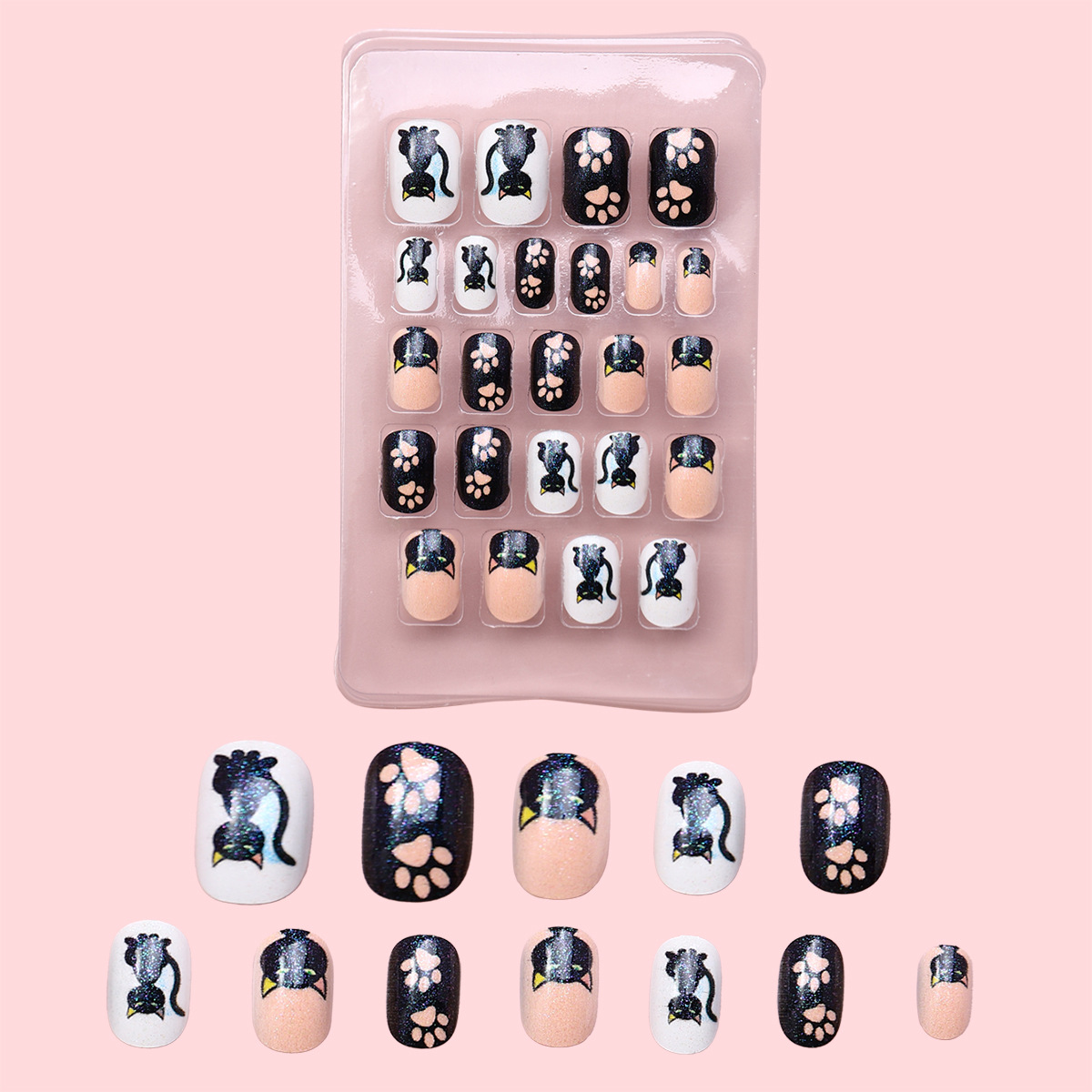 Juego de 24 piezas de uñas postizas para niños con diseño de dibujos animados, desmontables con adhesivo y exquisito diseño.