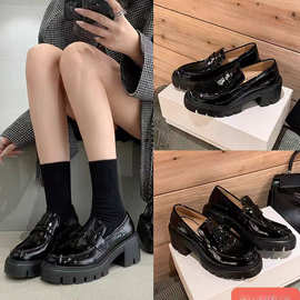 秋冬新款增高7cm~SW真皮粗跟厚底乐福单鞋女小皮鞋通勤jk