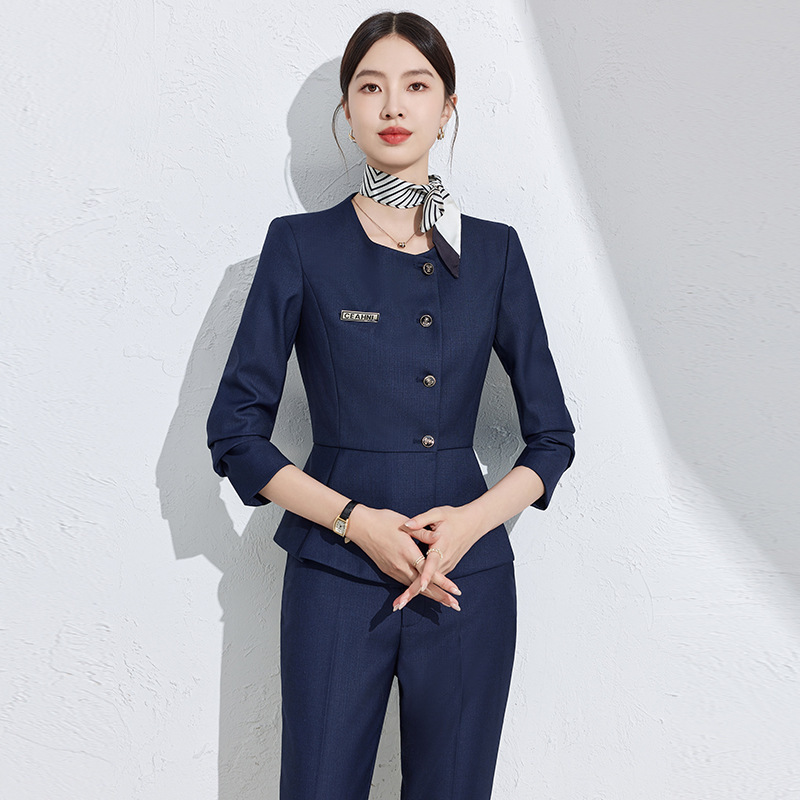 Autumn and winter fashion round neck ruffled long sleeve suit suit waist temperament bank hotel front desk gold shop overalls