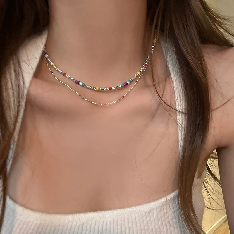 Summer Limit ~ Colorful Beaded Stacked Belt Broken Silver Necklace Women's Summer Light Luxury Niche Collar Chain Necklace Accessories