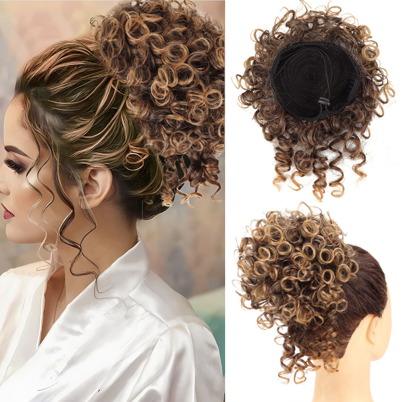European and American Cross-Border Wigs, Fashionable Synthetic Fiber Curly Wave Hair Bun, African Small Curly Drawstring Ponytail Hair Bun for Women European and American Cross-Border Wigs, Fashionable Synthetic Fiber Curly Wave Hair Bun, African Small Curly Drawstring Ponytail Hair Bun for Women