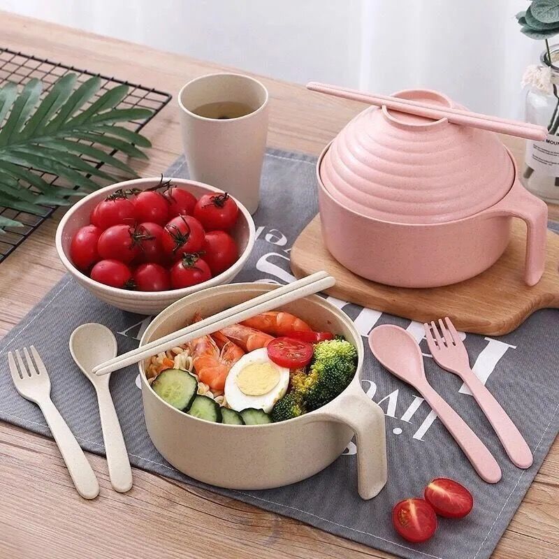 Cross-Border Wheat Straw Instant Noodle Bowl with Handle for Home Use, Student Dormitory, Korean-Style Eating Bowl, Ramen Bowl, Thickened Plastic Bowl