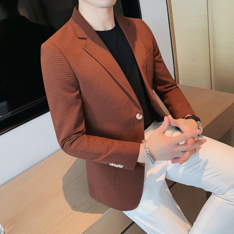 Spring New Men's Casual Suit Korean Style Slim Fashion Waffle Single-Breasted Double-Button Men's Suit Jacket Trendy