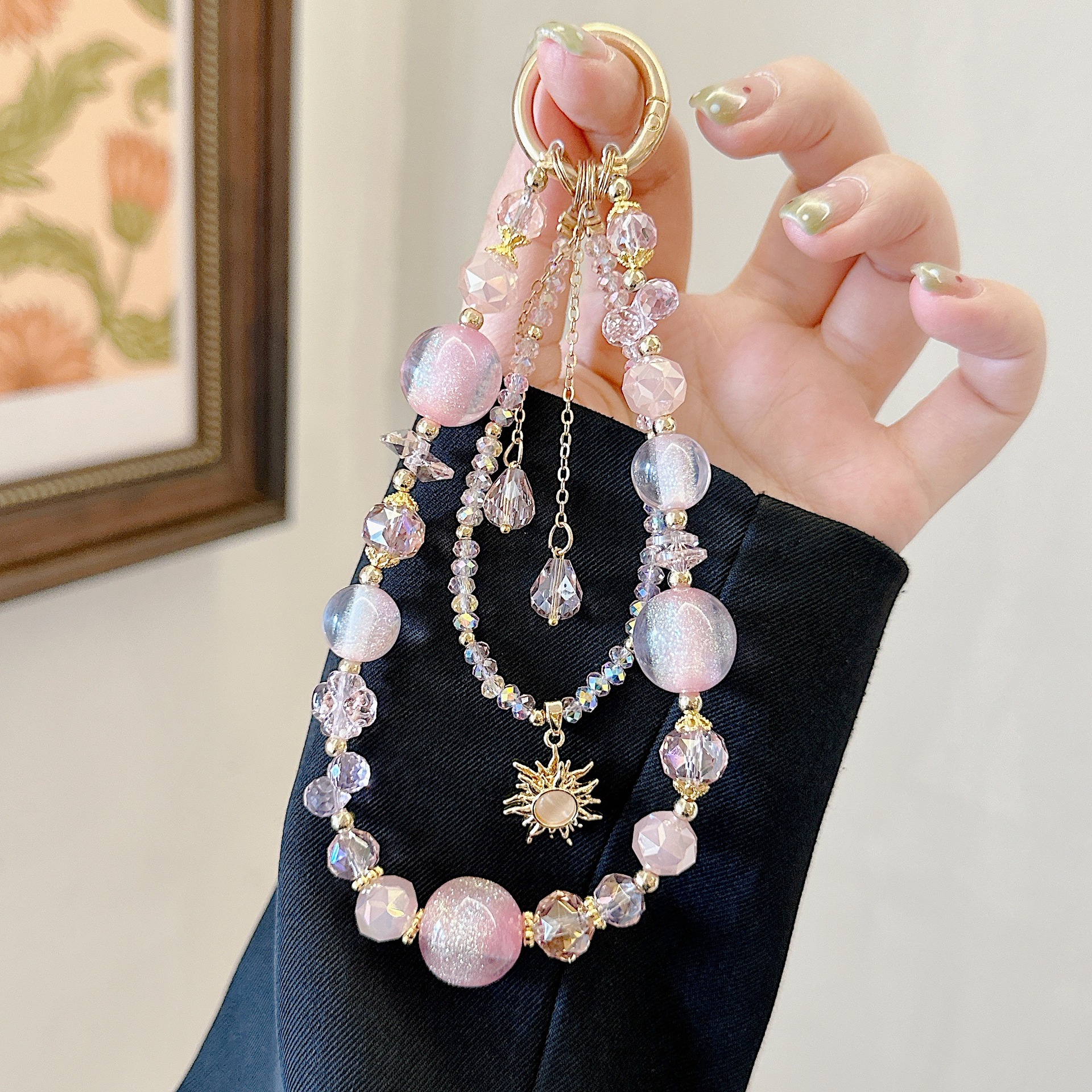 Cadena de colgar para teléfono móvil de alta gama hecha a mano de boutique, cadena de colgar giratoria de margarita pequeña, cordón para teléfono móvil de moda, cadena corta/colgante