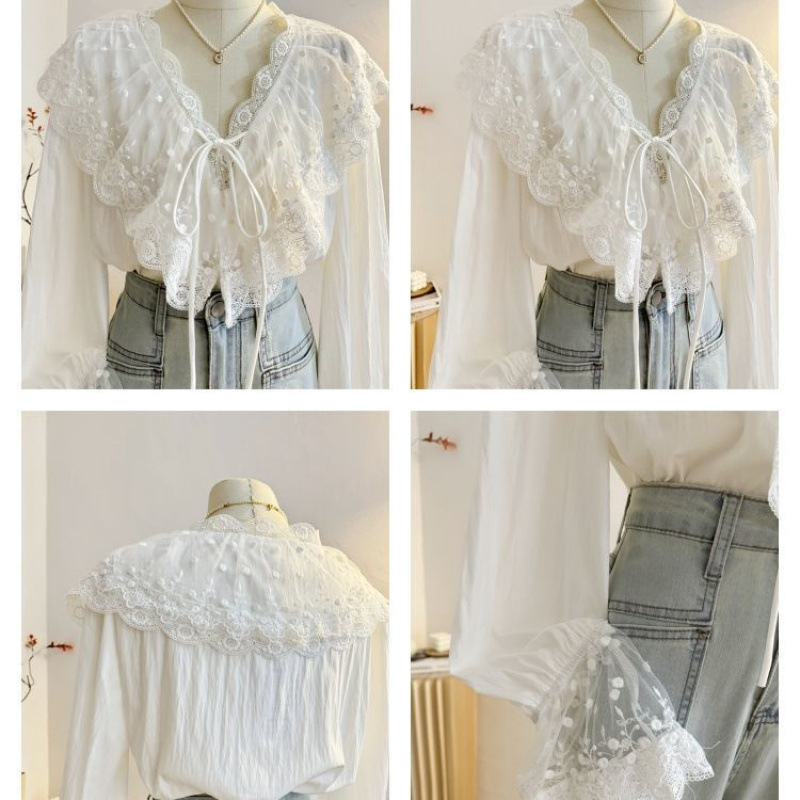 White French V-neck Lace Shirt Women's Spring 2025 Super Fairy Lace-up Trumpet Sleeve Top Ruffled Shirt