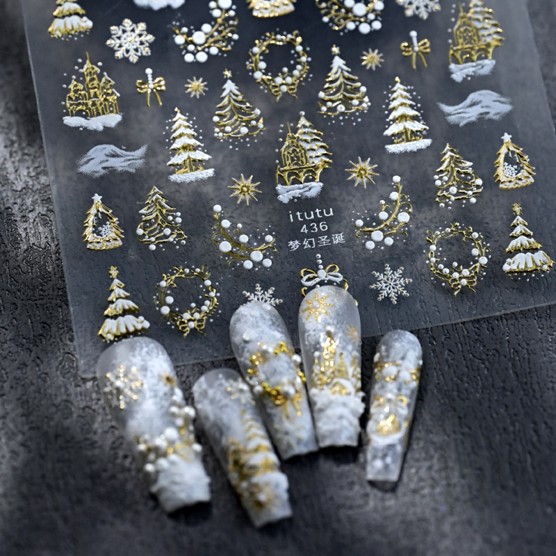 Hot Stamping Christmas Wreath Nail Art Stickers Simple Christmas Embossed Snowflake Elk Five-Pointed Star Nail Decoration Stickers Wholesale
