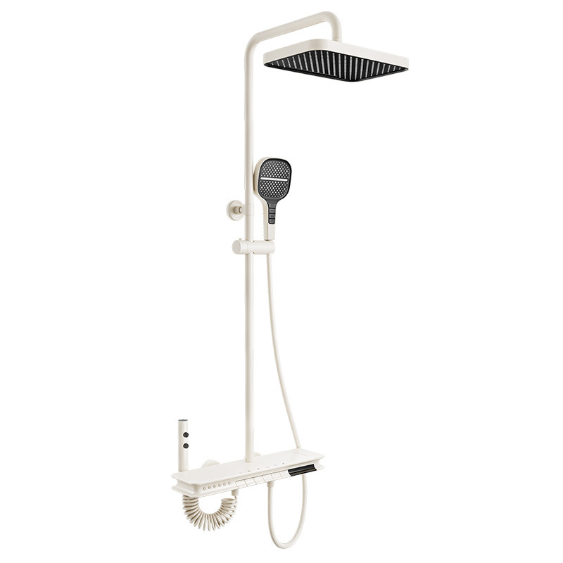 Juego de cabezal de ducha gris blanco de seis funciones con rociador superior en cascada, rociador de cintura, pantalla digital, luz ambiental, baño de ducha