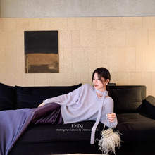 U+MINI十三行D2103新品韩系慵懒感氛围混纺玫瑰V领10%羊毛针织衫