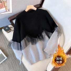 加绒长袖上衣女2025秋冬季新款韩版宽松减龄显瘦遮肚拼接毛衣爆款