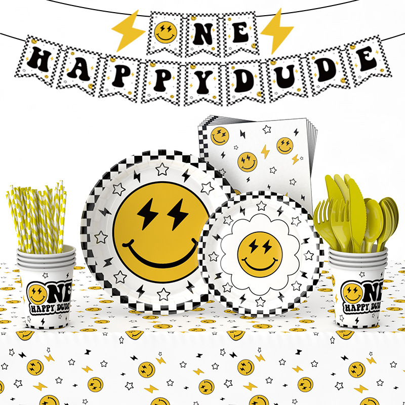 Transfronterizo en stock rayo Smiley fiesta de cumpleaños tema FELIZ DUDE tire de la bandera traje de placa de papel desechable