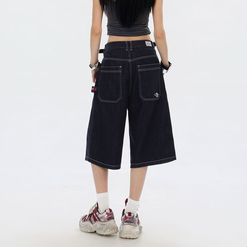 American Retro Style Adjustable Buckle Dark-Colored Jeans Unisex Summer New Loose Straight Wide-Leg Cropped Pants