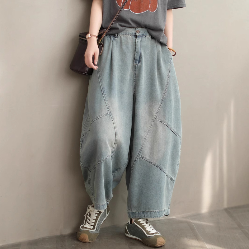 Distressed Jeans 2025 New Summer Style Literary Retro Splicing Large Size Elastic Waist Versatile Pants for Women 8052