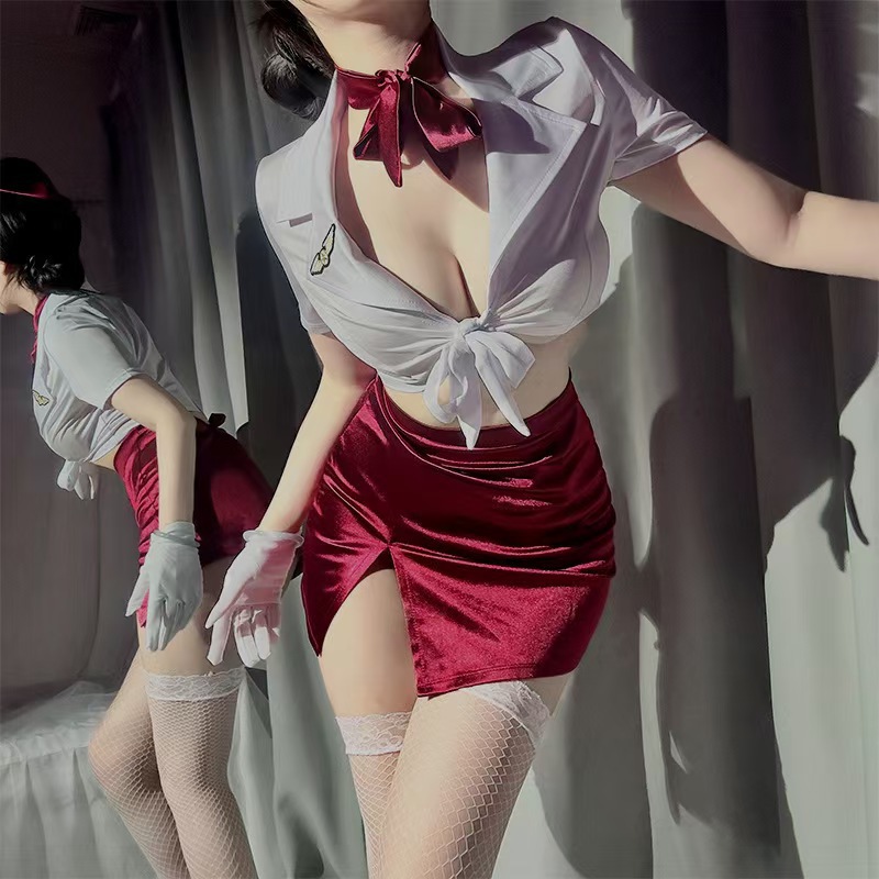 Sexy Underwear Female Pure Desire Passion Stewardess Role Uniform Sexy Deep Split Free Small Chest Temptation Pajamas suit
