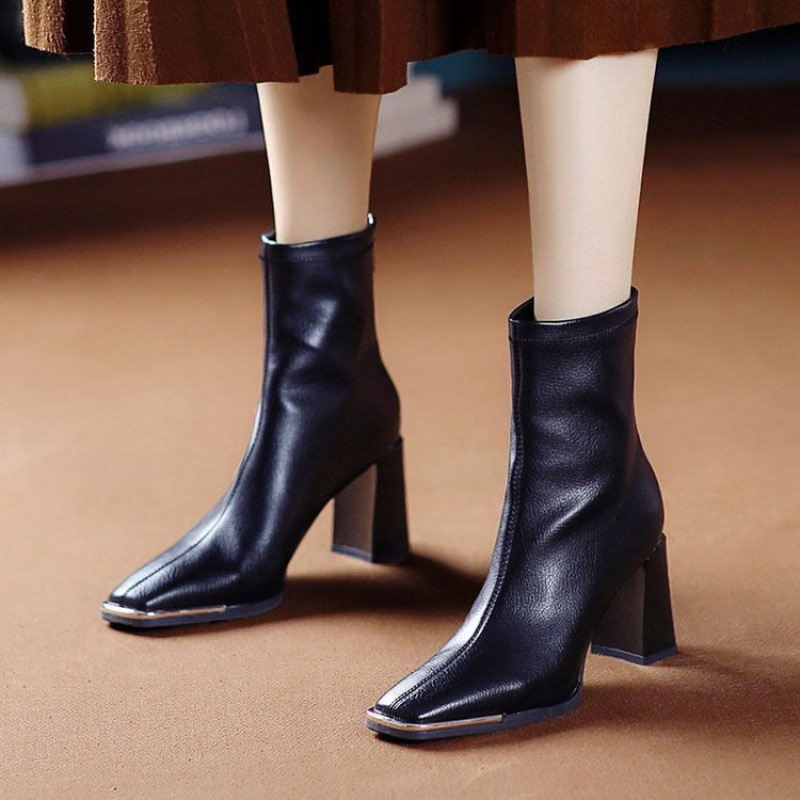 Black autumn universal fashionable low boots heels square toe with…