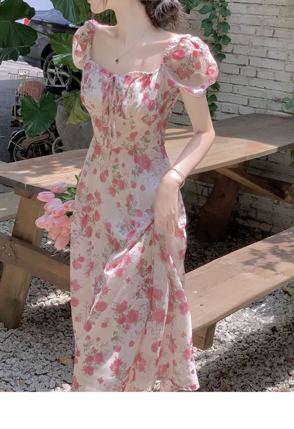 Đầm maxi nữ thắt eo họa tiết hoa hồng phong cách Pháp — Hoa hồng (chất lượng cao), Hoa hồng (bình thường) chi tiết 5