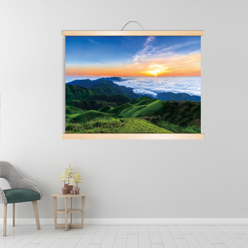 Mountain Sea of Clouds Sunrise Mountain Mist Landscape Photography Background Wall Living Room Study Mural Solid Wood Scroll Decorative Painting