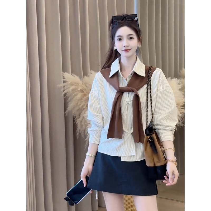 韩系设计感条纹披肩长袖衬衫女2025秋季新款气质百搭减龄显瘦上衣|undefined