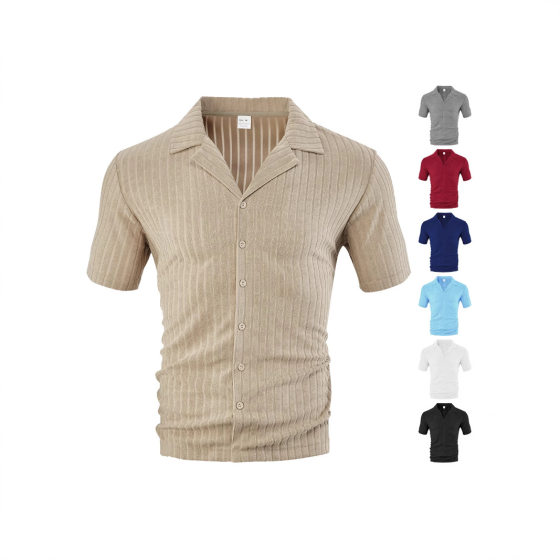 European size cross-border men's summer loose casual breathable lapel cardigan solid color towel jacquard short sleeve men's shirt