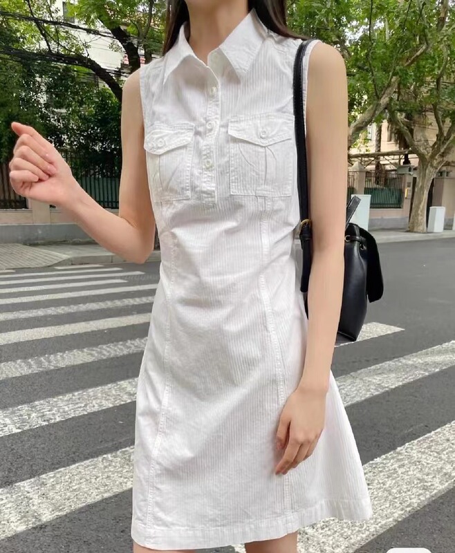 Bm Style New White Lapel Flap Pocket Pants Work Dress Bm Women's Sleeveless Slim Skirt