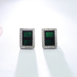 Juanyu S925 silver inlaid natural jadeite earrings ink cui square earhook factory wholesale generation FC3092001