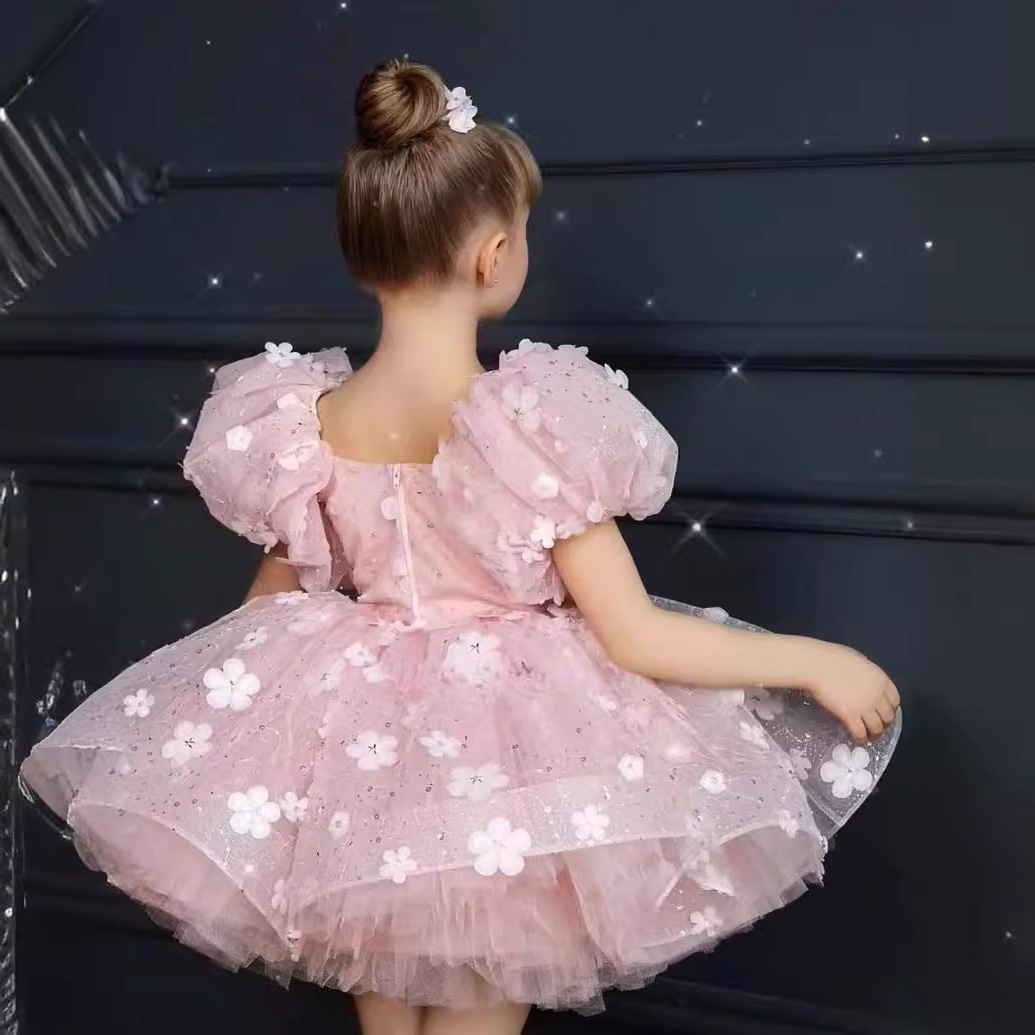 Pink Girls' Puff Sleeve Dress Children's Birthday Princess Style Tutu For Piano Performance New Arrival Autumn【Pre-sale | Ships In 15 Days】_voghion.com