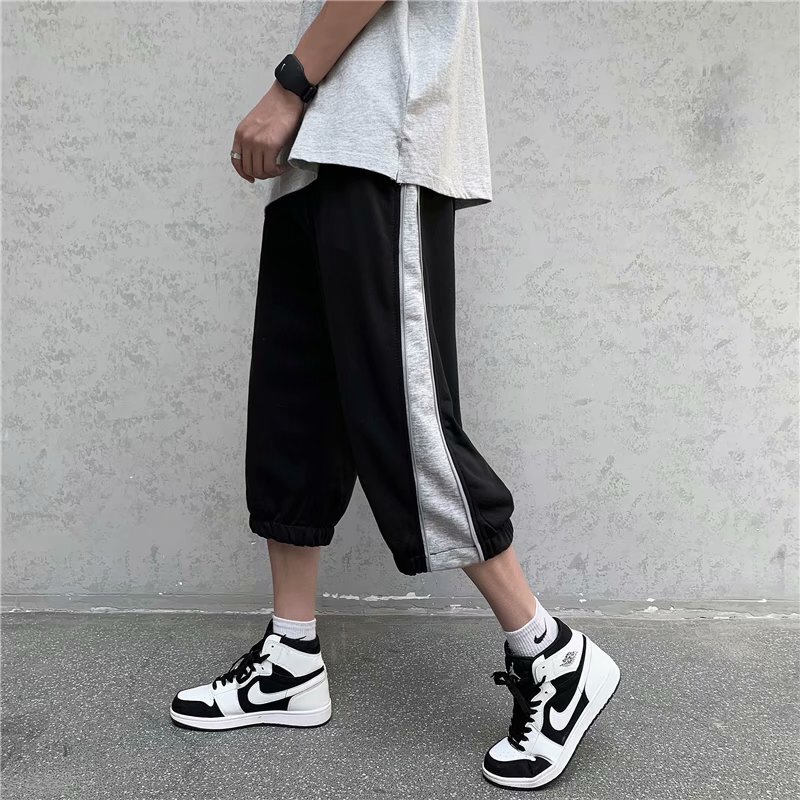 Side Zipper Casual Pants Men's Summer Hong Kong-style Loose Cropped Shorts Korean-style Trendy Instagram Colorblock Straight Pants