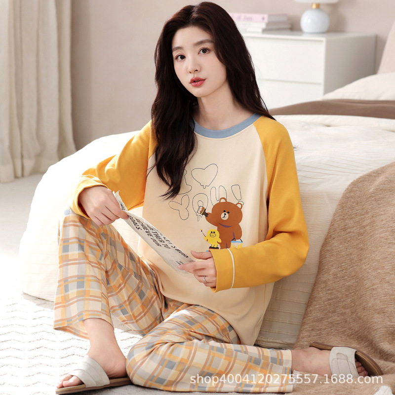 100% Cotton Women's Pajamas Spring and Autum Long-Sleeved Pants Suit Loose Plus Size Can Be Worn Outside Home Clothes Pure Cotton